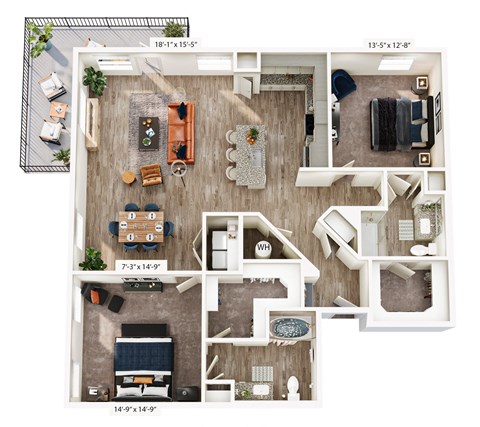 Floor plan for 2 beds, 2 baths, 1508 sqft